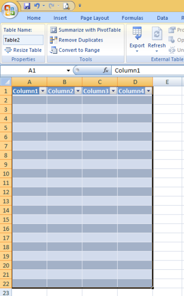 Gambar tutorial cara membuat kolom pada Microsoft Excel 2007
